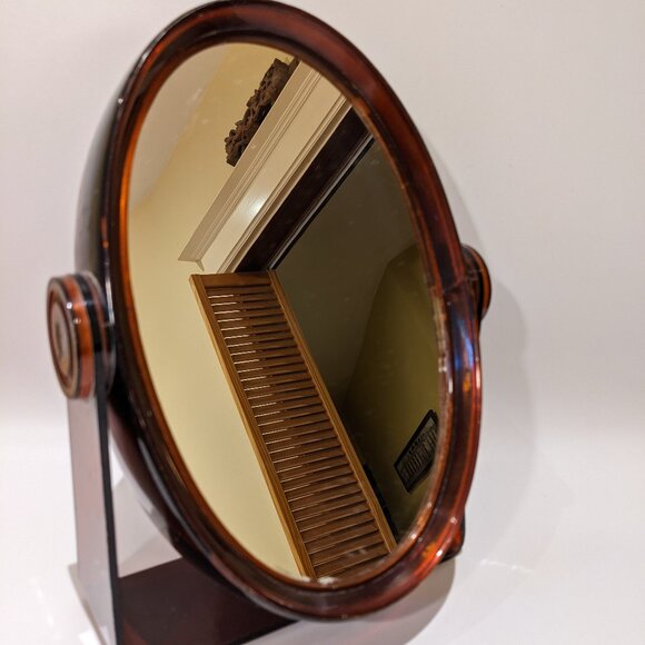 Vintage 1970s Faux Tortoiseshell Swivel Vanity Mirror – Oval Dual-Sided 10" Tall - Picture 4 of 8